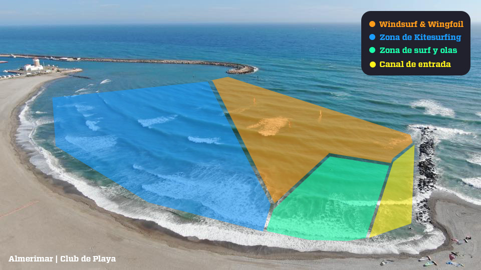 Mapa aéreo del Club de Playa con zonas de windsurf, wingfoil, kitesurf, surf y canal de entrada
